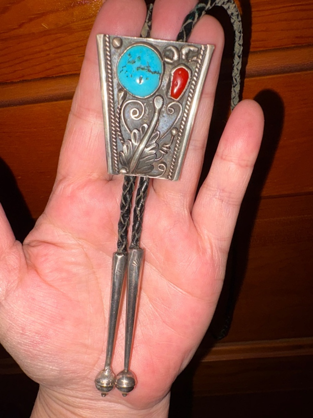 Vintage Southwestern Turquoise and Coral Sterling Bolo Tie